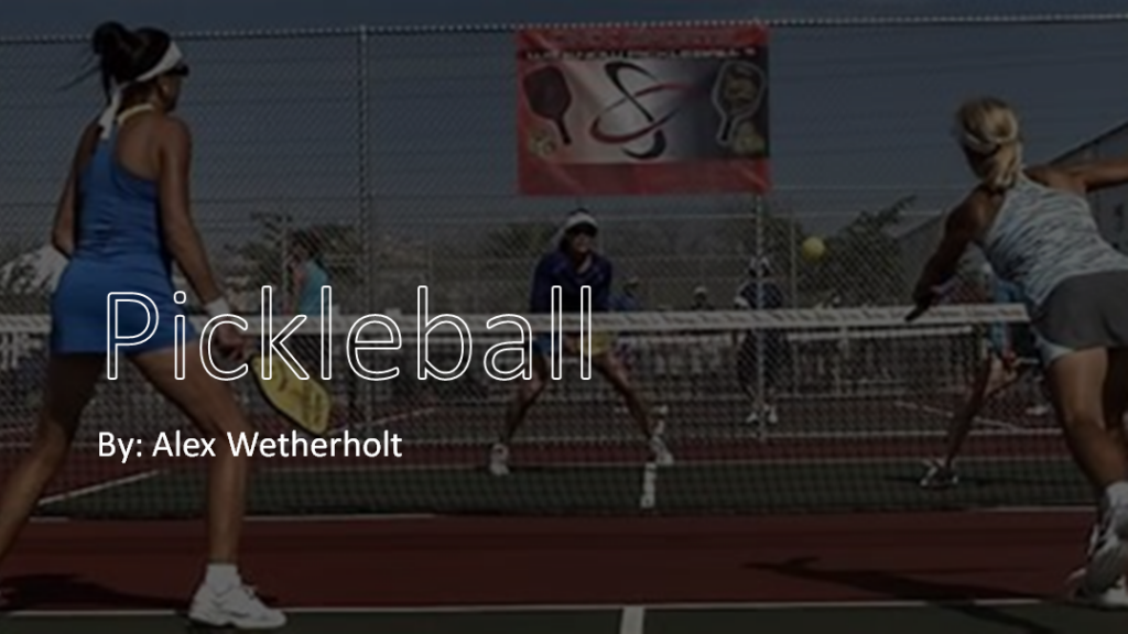 three women playing tennis on a court with the words pickleball