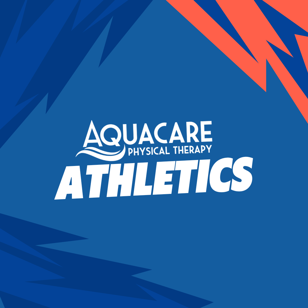 a blue and red background with the words aqua care physical therapy athletics