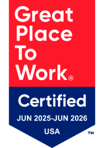 a red white and blue banner with the words great place to work